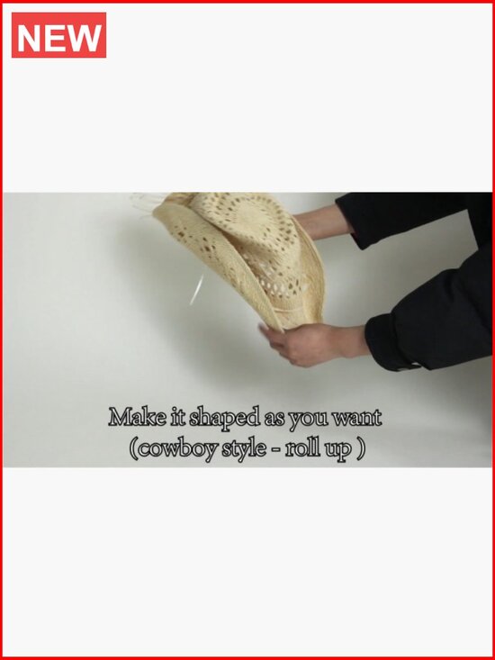 Straw Cowboy Cowgirl Hat Woven Hollow Out Wide Brim Roll Up Sun Hat Chin Strap main image 6